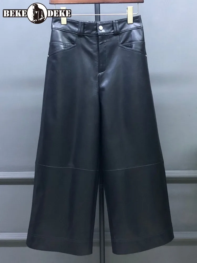 Office Ladies Handmade Pockets Genuine Leather Pants Solid Color Cowhide Sashes Pant Loose Sheepskin Button Wide Leg Trousers