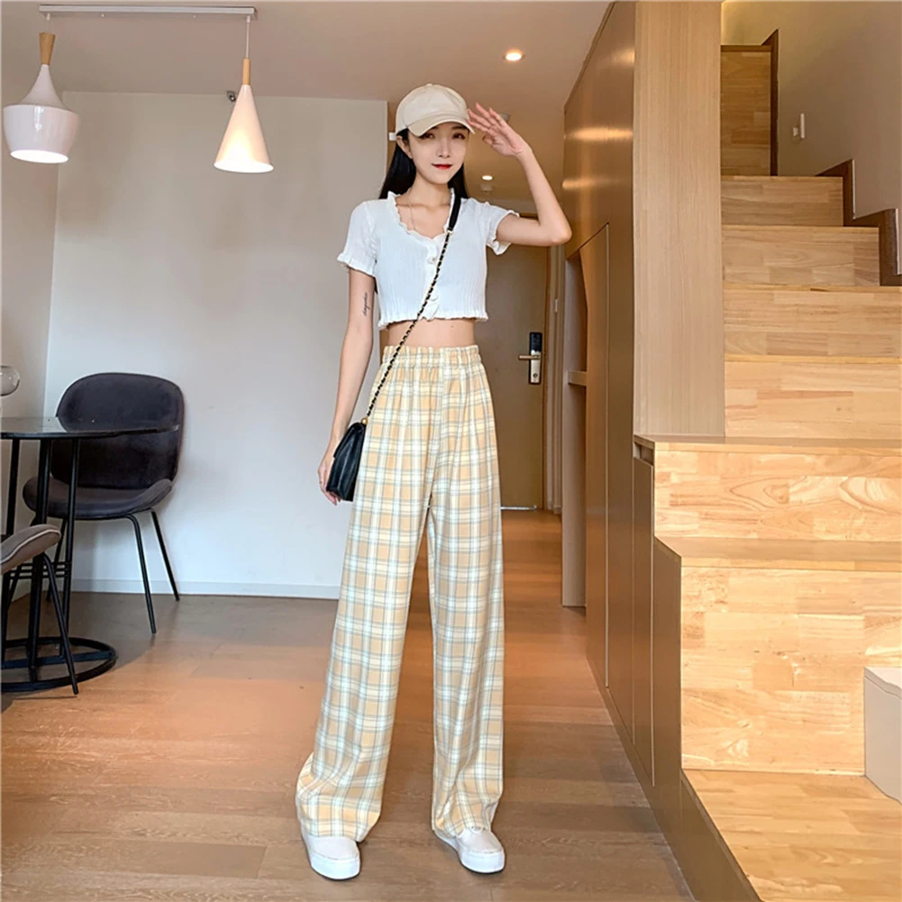 Harajuku Plaid Pants Oversize New Women Casual Loose Wide Leg Trousers Retro Teen Straight Trousers Hiphop Streetwear