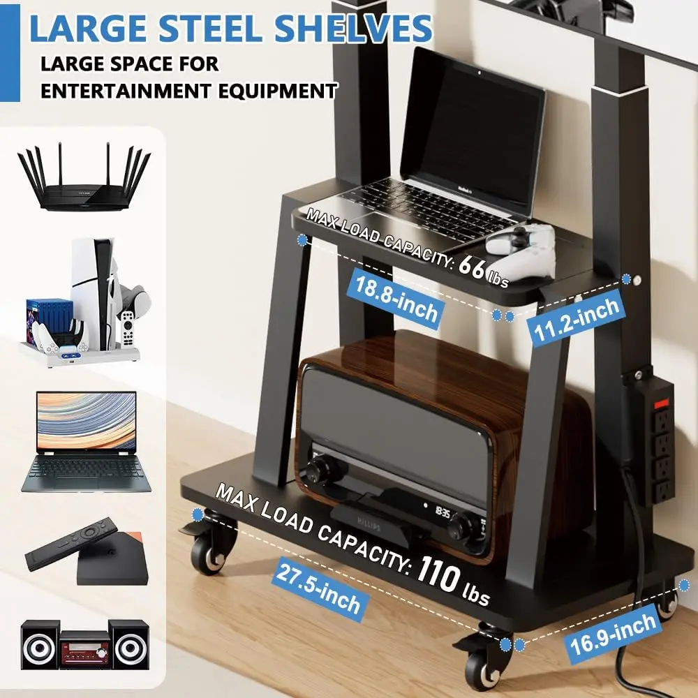 حامل تلفزيون دوار قابل لضبط الارتفاع مع مخرج طاقة، يناسب تلفزيونات 32-83 بوصة حتى 130 رطل، VESA 600 × 400 مم