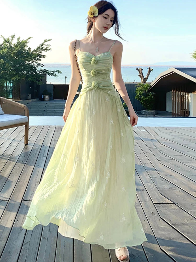 2026 New Green Emboridery Floral V-Neck Sling Long Dress Summer Elegant Bodycon Holiday Dress Women Fashion Chic Casual Dress