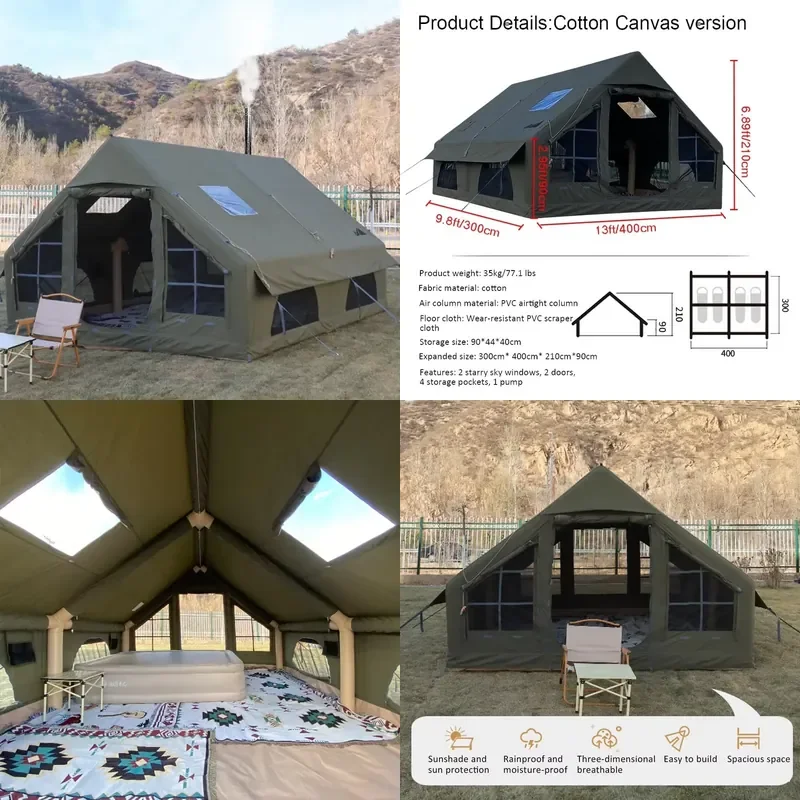 129 SqFT Inflatable Tent 8-10 Person Blow Up Camping Tent with Stove Jack Hole 4 Season Waterproof Large Pop Up Tents for