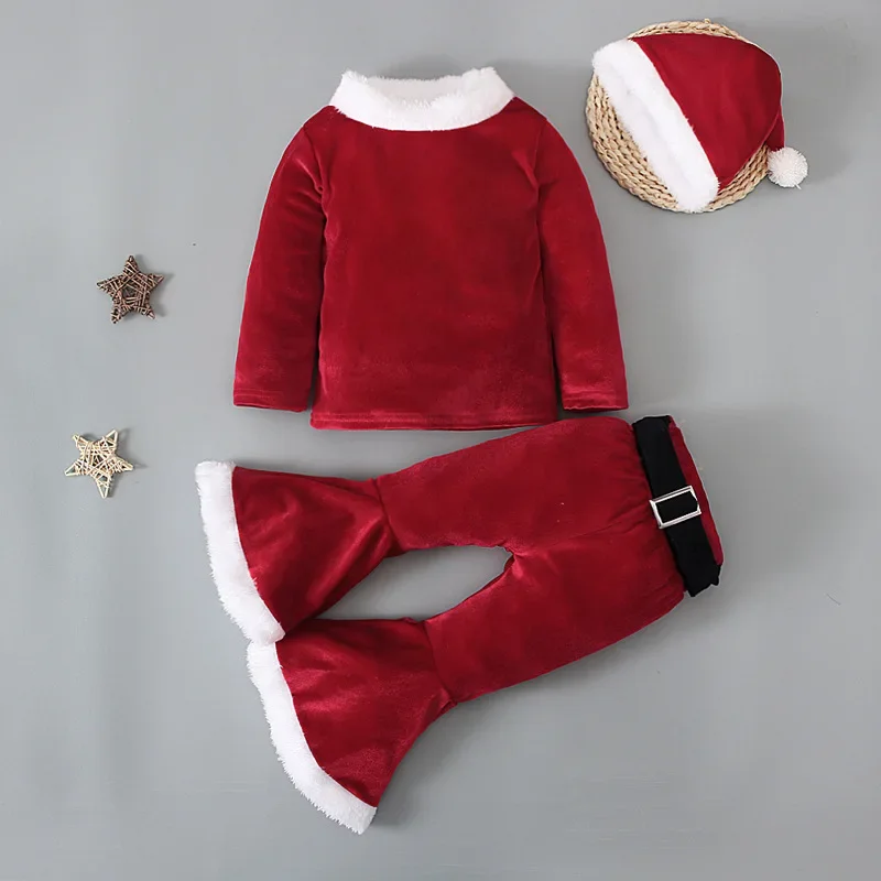 Ano novo traje de natal crianças conjuntos de roupas recém-nascidos inverno velo topos + calças + chapéus do bebê meninos meninas roupas papai noel outfit