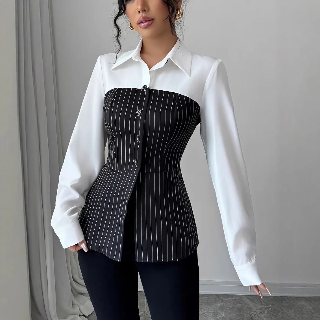 

Женская элегантная полосатая рубашка, деловая повседневная офисная блузка с лацканами, модная облегающая рабочая рубашка, осень 2023 г.
