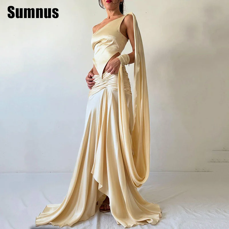 

Sumnus Elegant Champagne Party Dresses One Shoulder Straight Pleats Prom Dress Side Slit Floor Length Prom Dresses Customized
