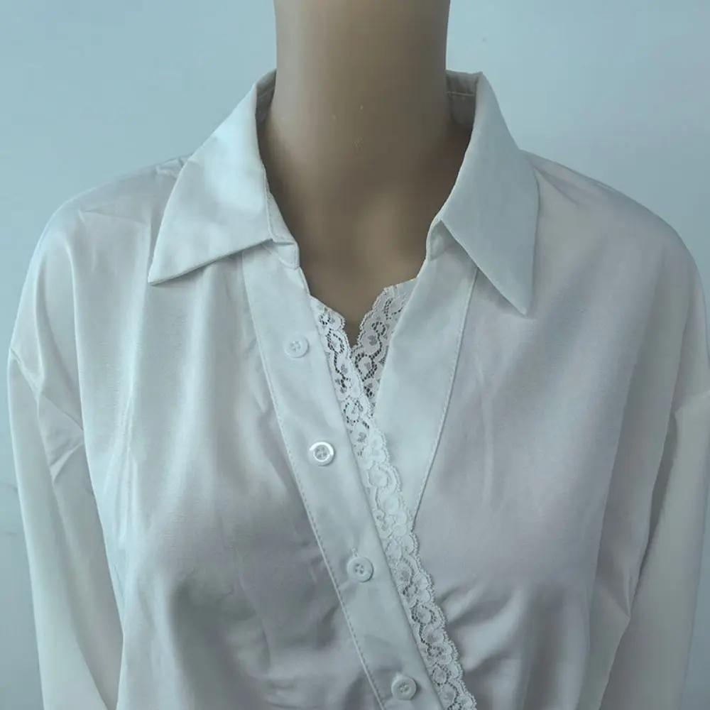 T-shirt con cravatta diagonale irregolare con scollo a V Top corto in pizzo retrò Camicetta a maniche lunghe Chic Patchwork Basic Tees Camicie Donna Estate