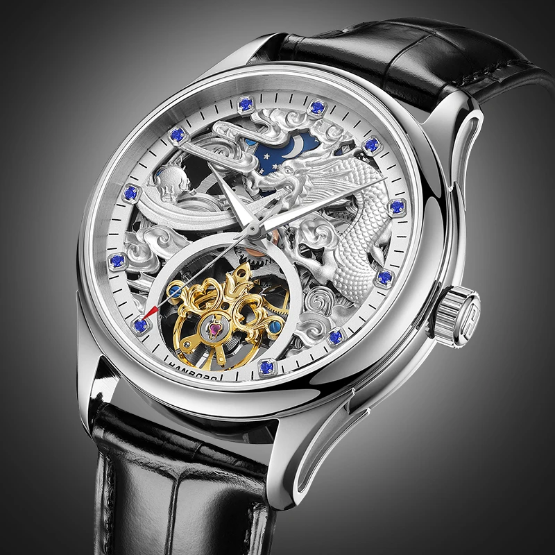 HANBORO Silver Dragon 3D Carving Skeleton Men's Automatic Mechanical Watch High Transparent Leather Strap Formal Fashion Watch