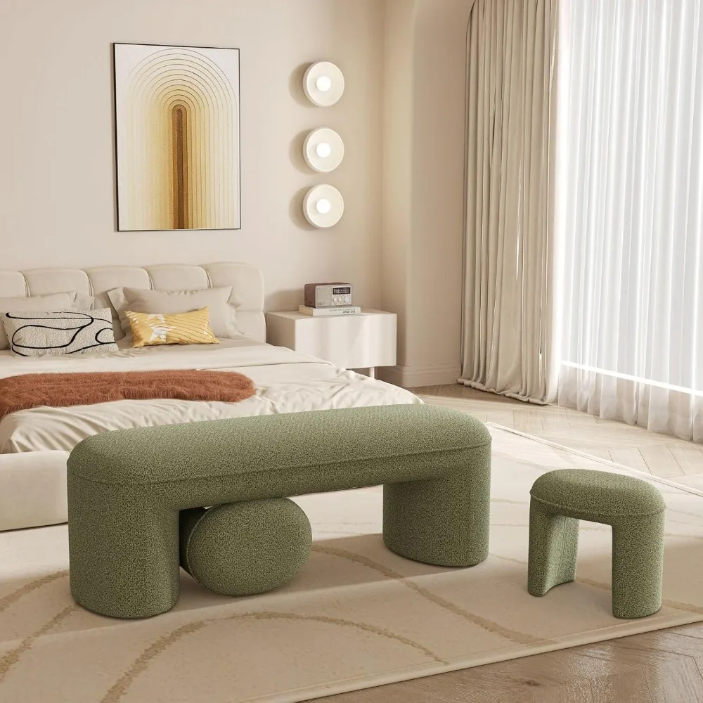 Nesting Ottoman Bench Set, 53 Long Upholstered End of Bed Bench with 2 15 Foot Stools Chenille Modern Arched Bench Comfy