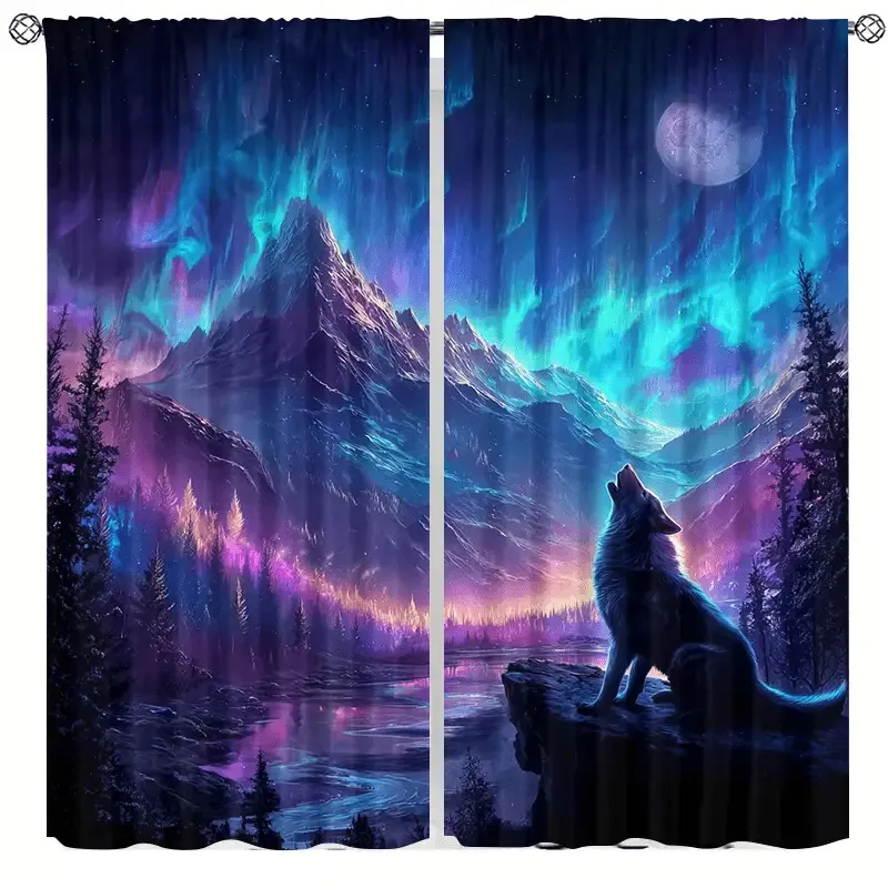 2pcs Wolf Print Sheer Curtains - Northern Lights Aurora Borealis & Wolf Design with Snowy Mountains & Pine Trees, Semi-Sheer