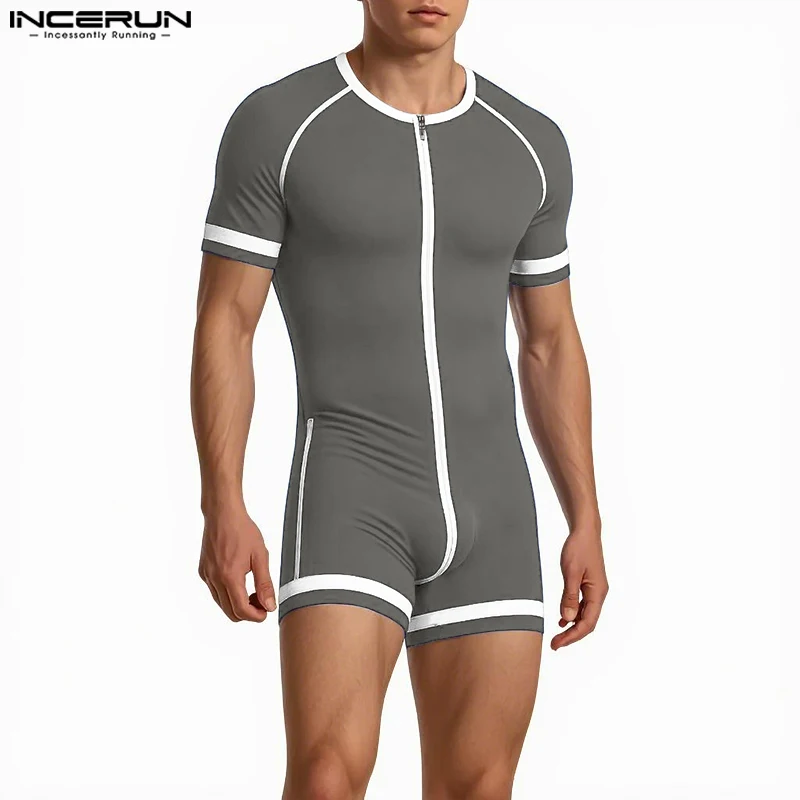 INCERUN 남성 바디 슈트 패치 워크 지퍼 오 넥 반팔 아늑한 남성 Rompers Playsuits 운동 2025 패션 캐주얼 바디 슈트 남성
