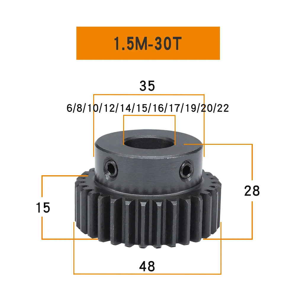 Spur Gear 1.5 M-30T Bore 6/8/10/12/14/15/16/17/19/20/22 mm Motor Gear SC45#Carbon Steel Blackening High Frequency Quenching