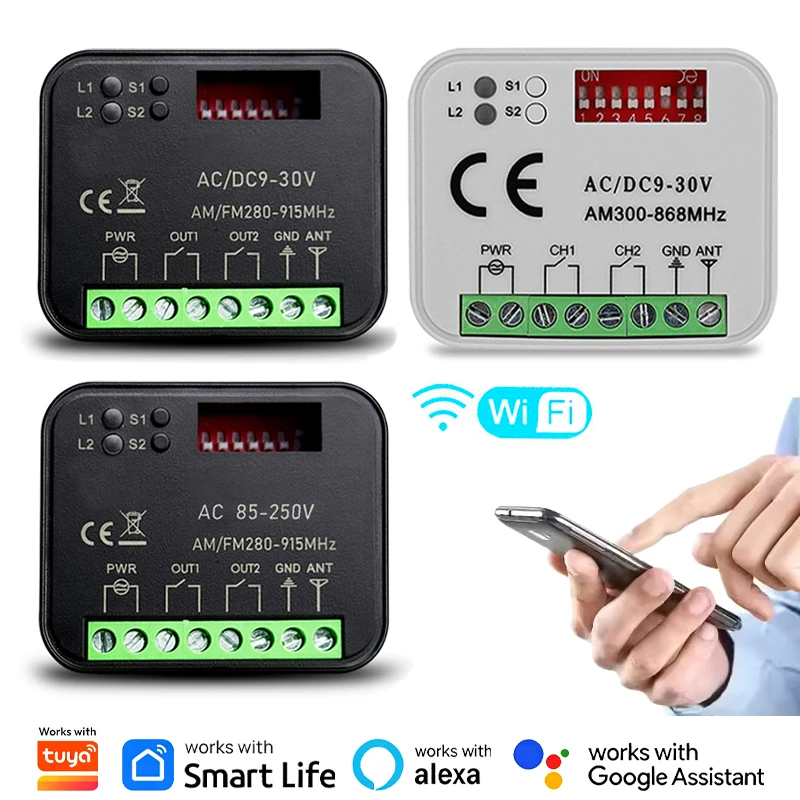 Work With Tuya WiFi Switch Universal RX-MULTI Garage Door Gate Remote Control Receiver Smart Controller 300-868MHz 9-30V 85-250V