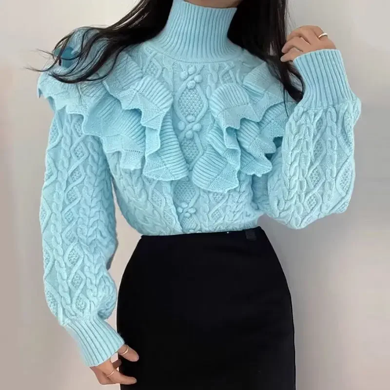 Korean Fried Dough Twists pattern patchwork ruffle long sleeve sweater for women in spring French  high neck heavy  sweater top