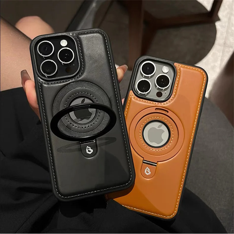 Magnetic Leather Stand Ring Case For iPhone 16 12 13 14 Plus 15 Pro Max Shockproof Hollow Logo Cover For Magsafe Wireless Charge