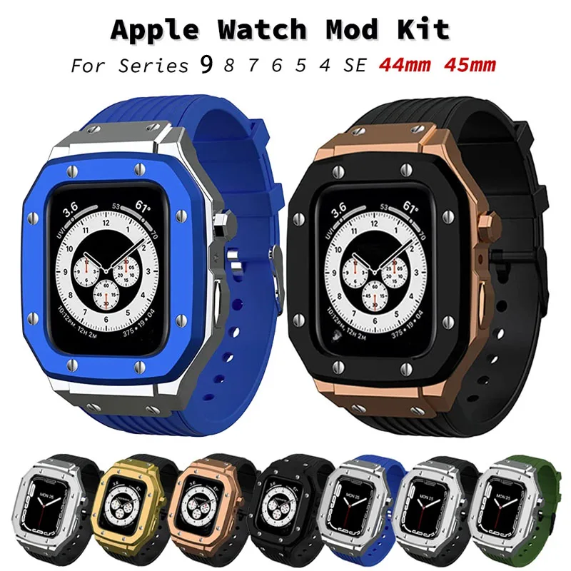 

Ремешок из нержавеющей стали для iWatch 9 45 мм 44 мм, аксессуары и резиновый силиконовый ремешок для Apple Watch Series 9 6 5 4 SE 8 7 45