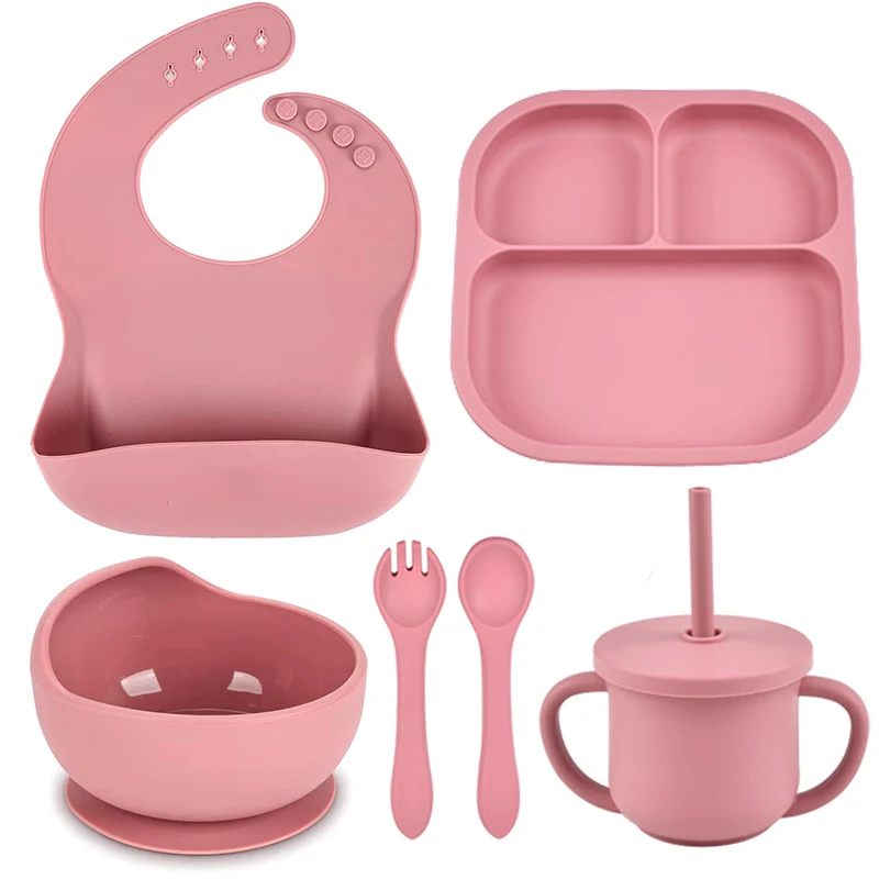 6pcs Silicone Baby Tableware Set Divided Plate With Suction Spoon Fork Straw Cup Feeding Bowls for Toddler Training Dining Bowl