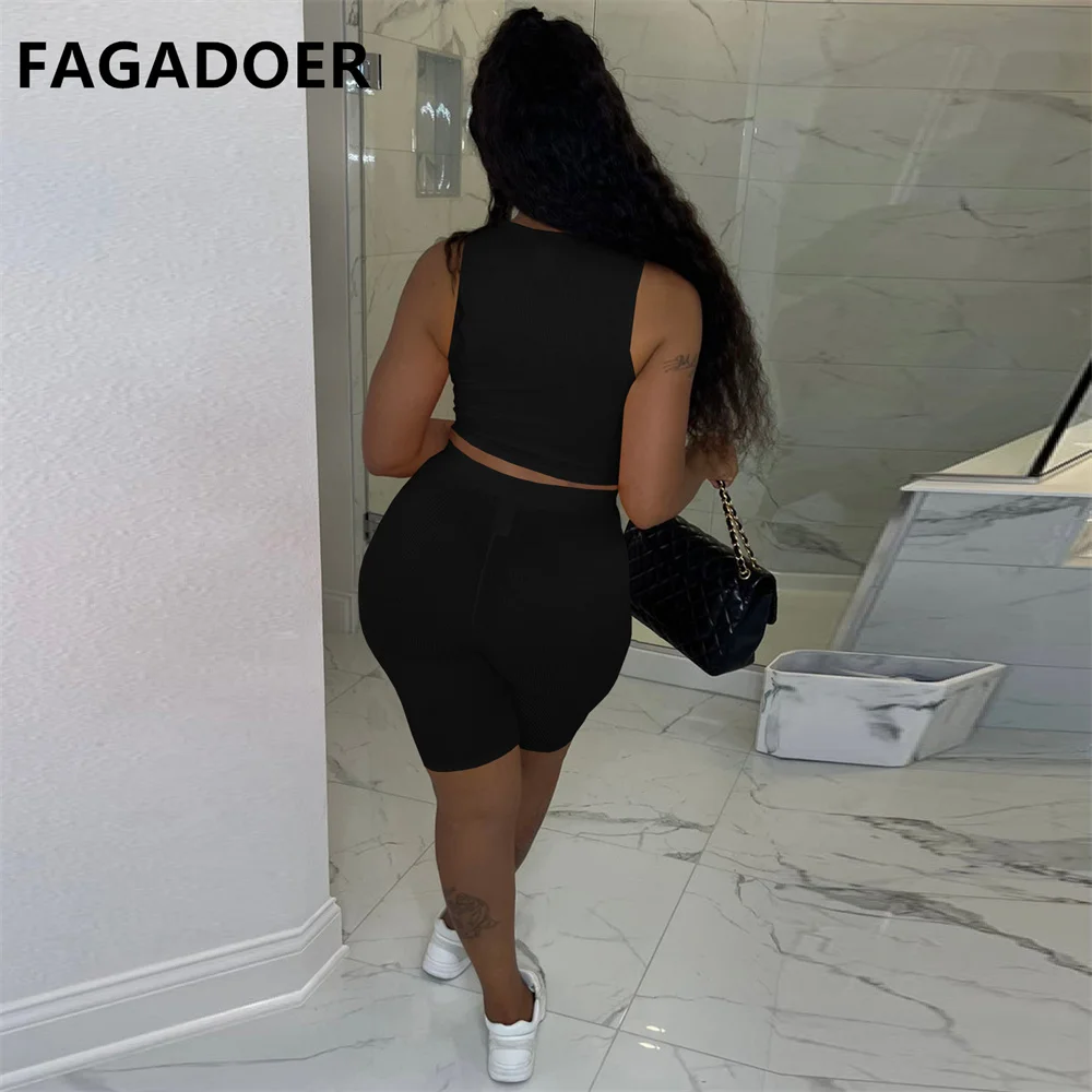 FAGADOER Casual Solid Color Ribber Two Piece Sets Women Sleeveless Crop Top And Biker Shorts Tracksuits Female Sport 2pcs Outfit