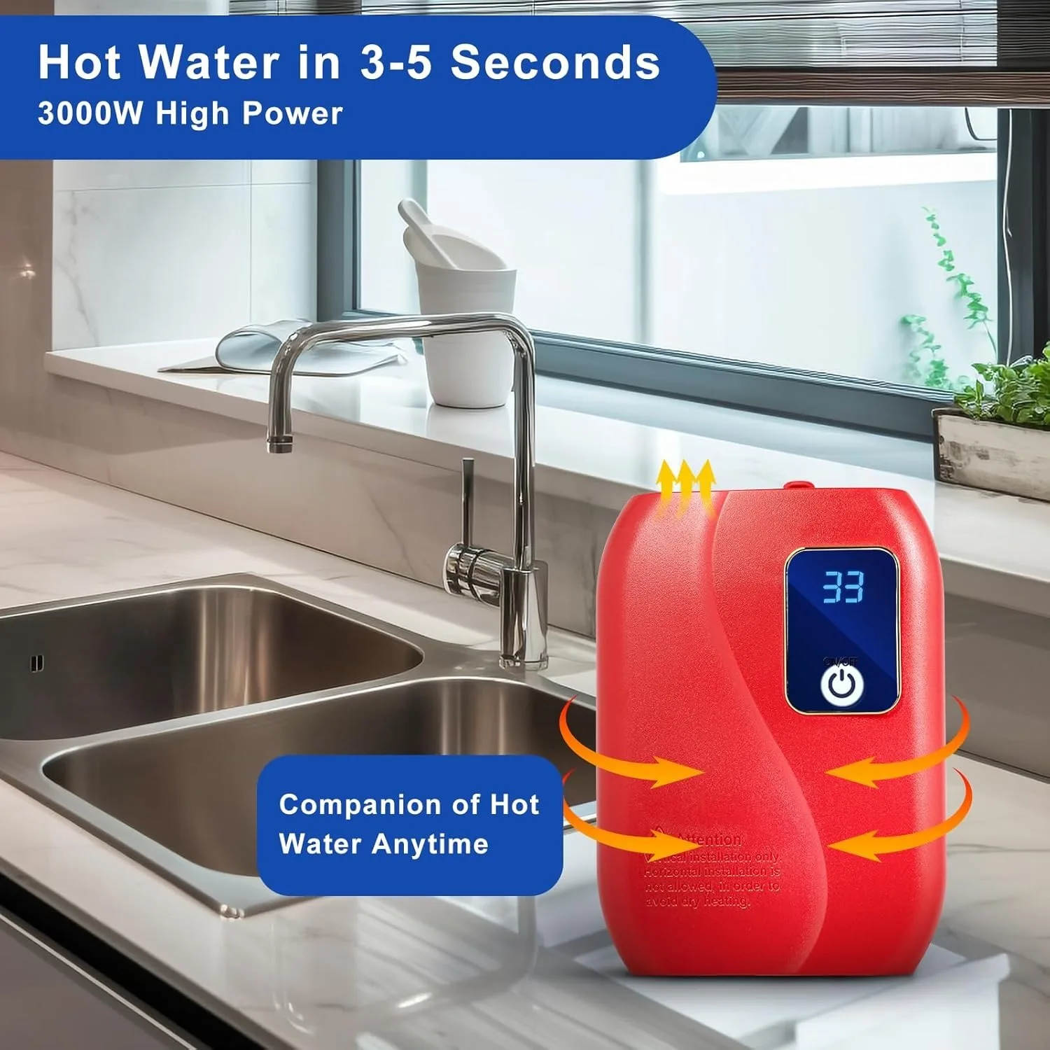 Electric Mini Tankless Hot Water Heater, Instant Hot Water Heating Machine, 3kW Small Compact Tank for Kitchen Bathroom