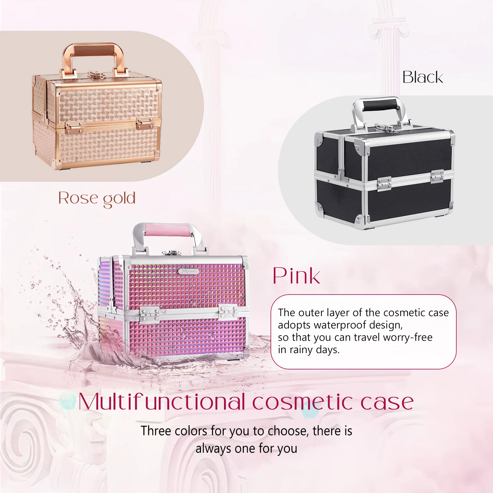 Trousse de maquillage portable avec miroir, valise de maquillage en alliage avec serrure, boîte de rangement pour module de manucure, bijoux