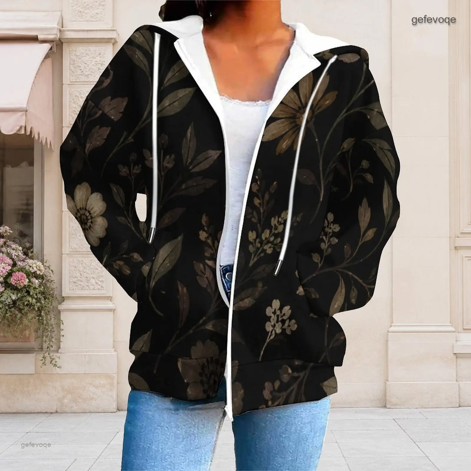 Women Black Red Rose Gold Leaf Printed Zip Up Long Sleeve Hoodie