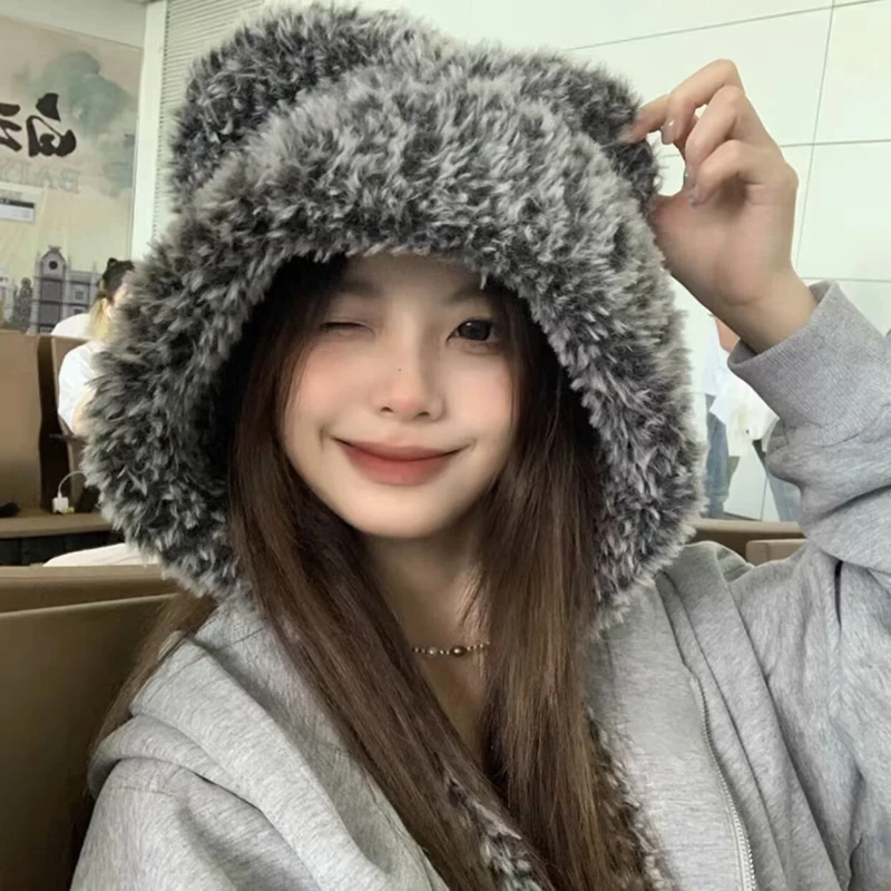 

Hat Children 2025 New Autumn And Winter Cute Plush Teddy Bear Ear Hat Warm Ear Protection Big Head Circumference Lei Feng Hat