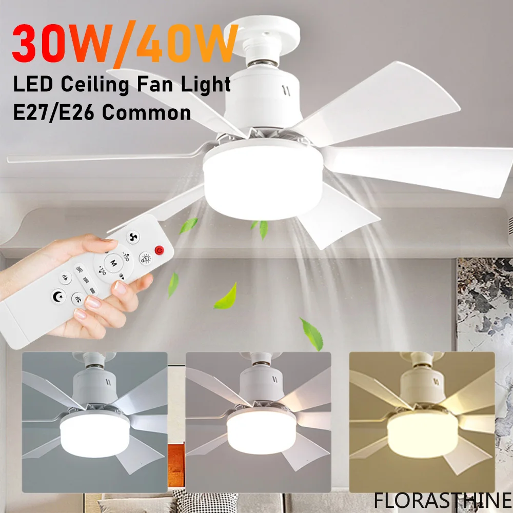 LED Ceiling Fan Light with Remote 30W/40W Socket Fan E27/E26 Cordless Screw Electric for Bedroom Kitchen, Small Rooms