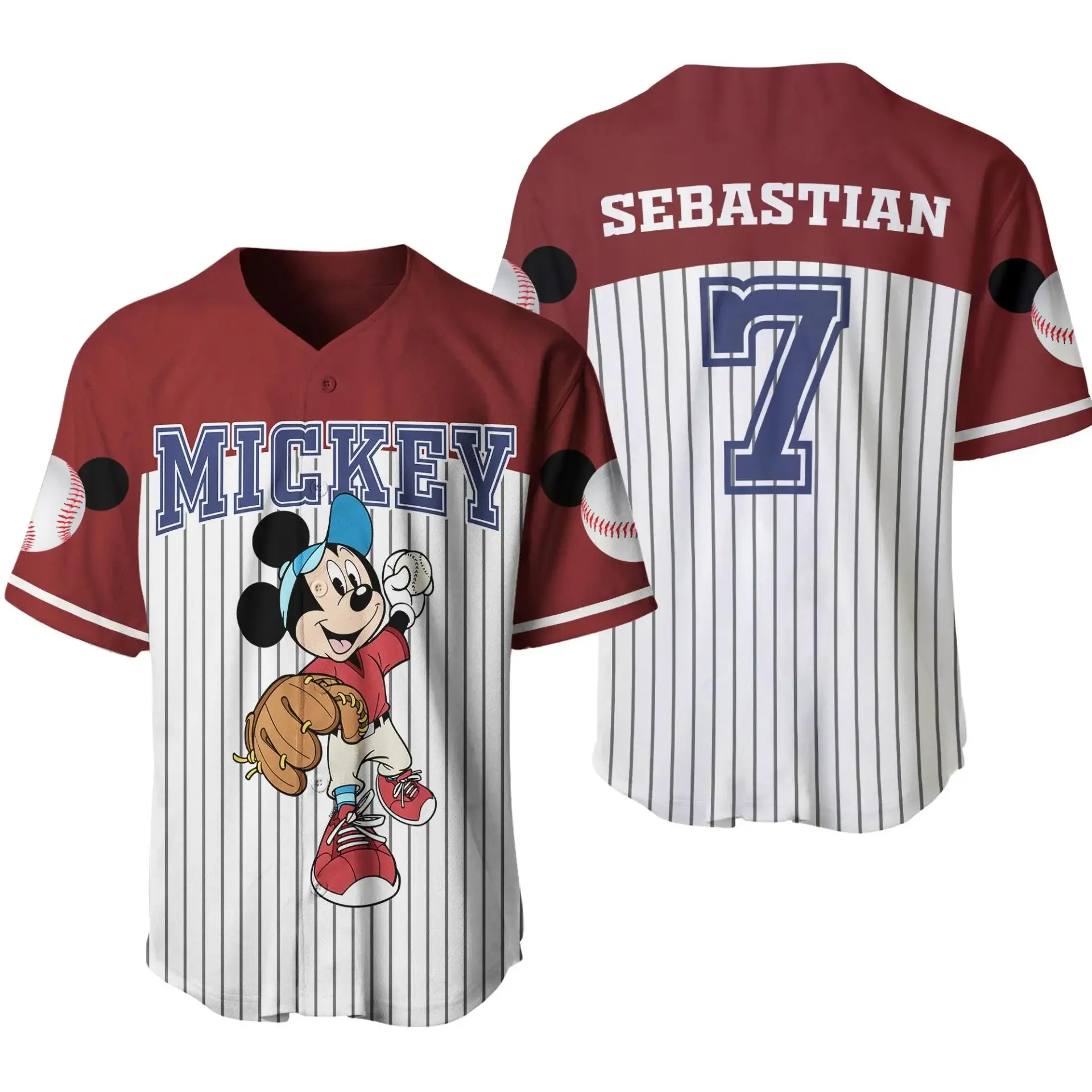 Disney Mickey Mouse Customized Name Baseball Jersey Outdoor Sports Style Casual Jersey Men's and Women's Personalized Tops