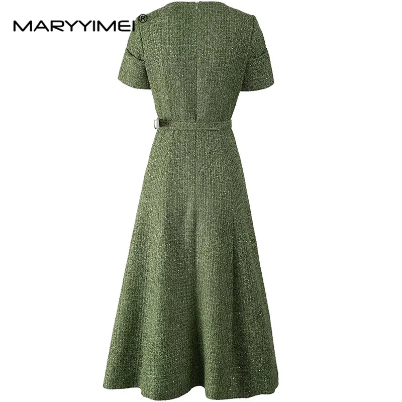 MARYYIMEI Elegant Women\'s Dress Short-Sleeved Single Breasted Sequins Romantic Daily Basic Vacation Style Dresses With Belt