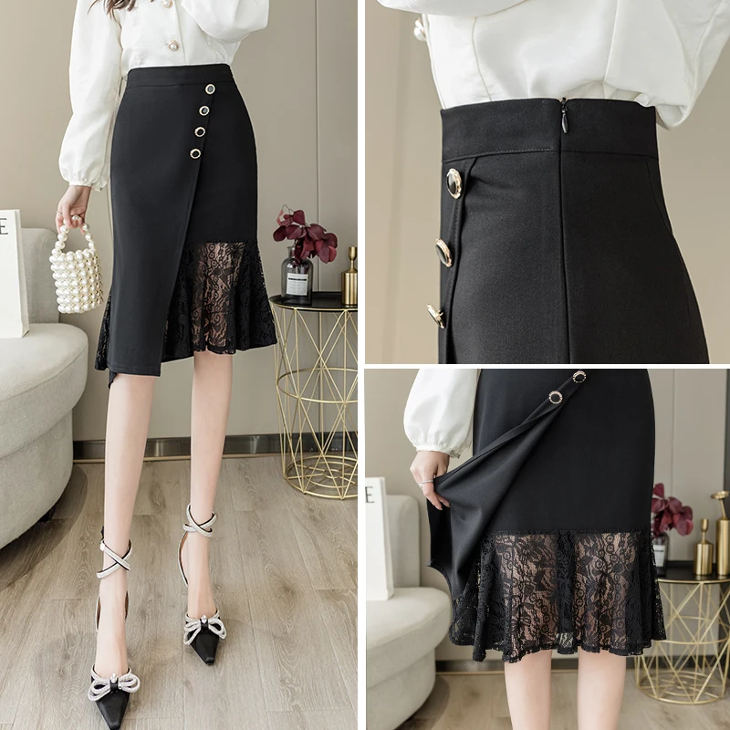 Seoulish-Saias femininas irregulares para lápis, cintura alta, patchwork de renda, saias de escritório, clássicas, femininas, pretas, novo, 2022, bainha