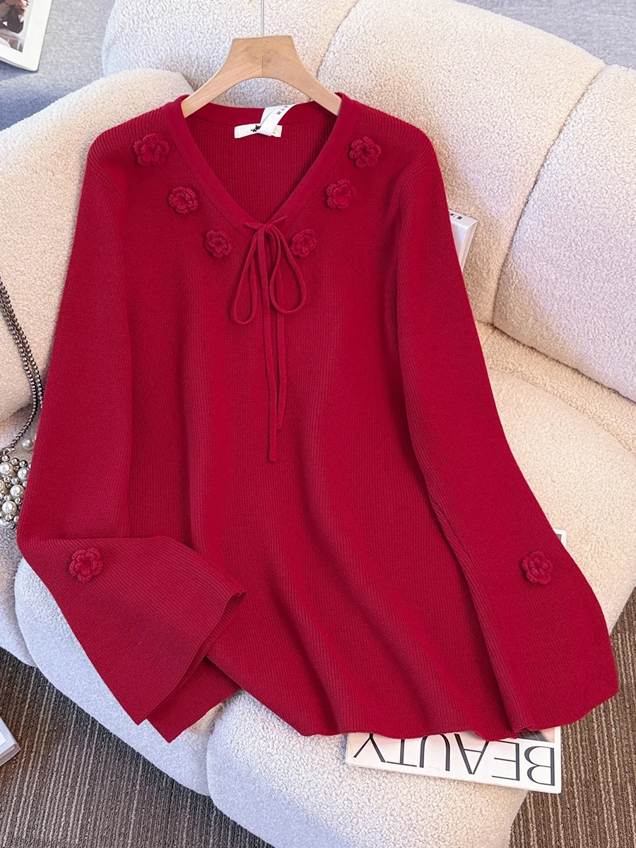 

Женский вязаный свитер с V-образным вырезом и красным цветочным узором, осень-зима, большие размеры (140 кг+), размеры 4XL, 5XL, 6XL, 7XL, 8XL, обхват груди 145 см