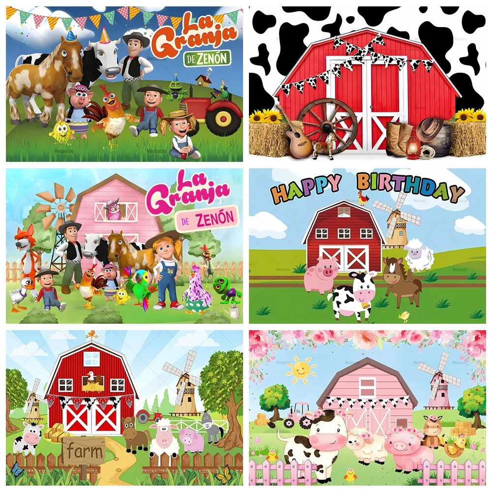 

Custom Green Grass Farm Animal Backdrop Kids 1st Birthday Party Cartoon Rural Poster Banner Photo Studio Photographic Background