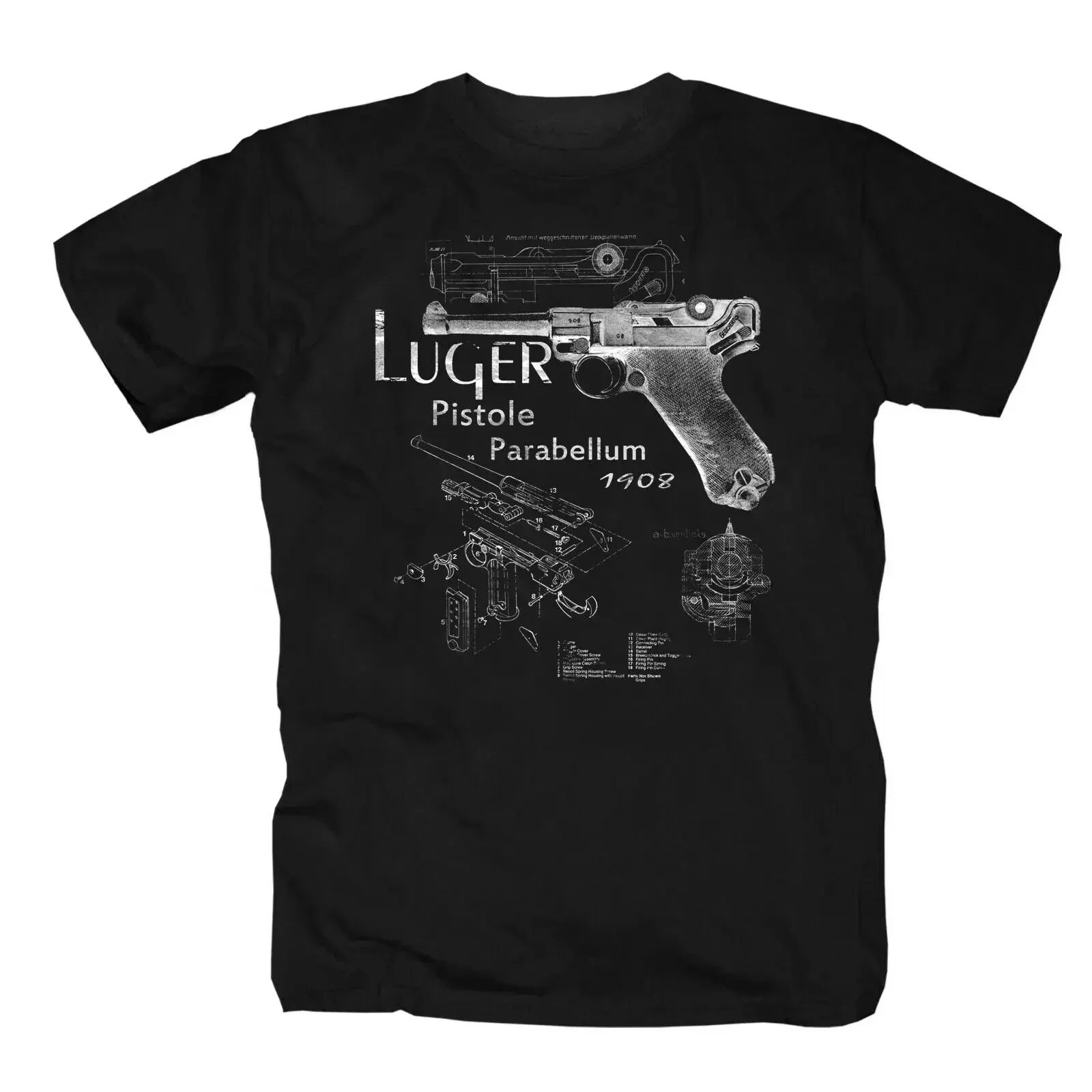 Vintage WWII German Luger Pistol  Weapons T-Shirt 100% Cotton O-Neck Summer Short Sleeve Casual Mens T-shirt Size S-3XL