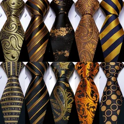 Barry.Wang Dark Gold Men Tie Silk Stripe Pocket Square Cufflinks Sets Formal Woven Neckties Business Party Designer Gifts 5702