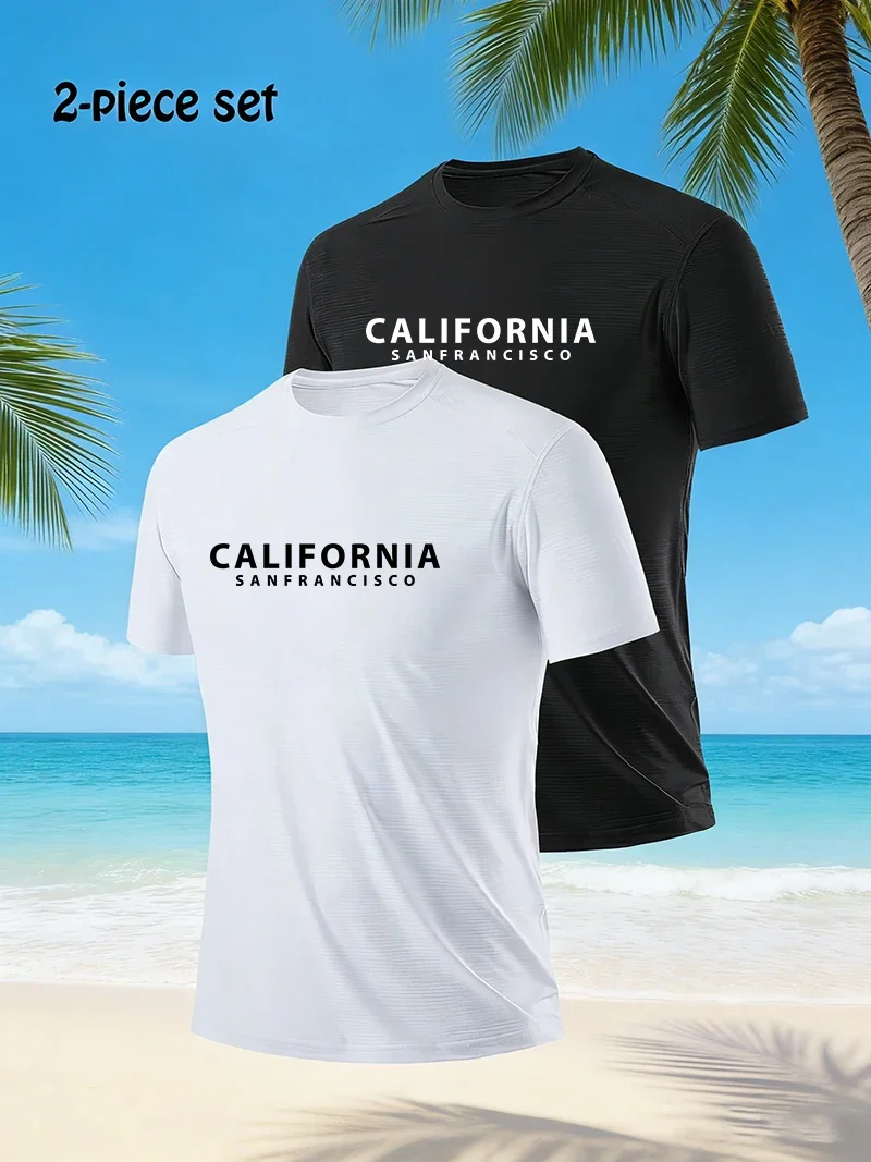 Best Seller 2 Pieces Mens T-Shirt Cotton O-Neck Short Sleeve Outdoor Sports Jogging Man Shirt Summer Seaside Beach Tops Clothes