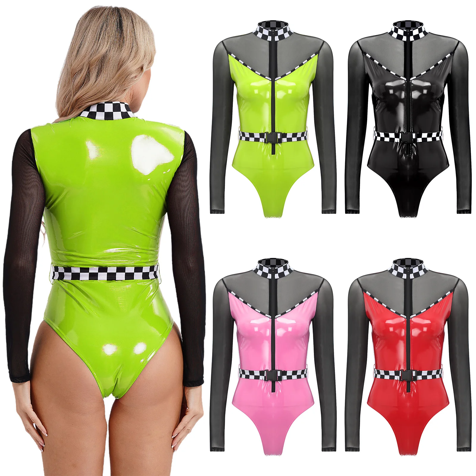 Women Checkerboard Speed Racer Car Bodysuit + Belt Halloween Cosplay Costume Long Sleeve Zipper Racing Driver Jumpsuit Dress Up