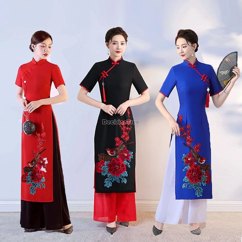 

2024 new improved women vietnam aodai cheongsam short sleeve wide leg pants two sets chinese style embroidery long dance costume