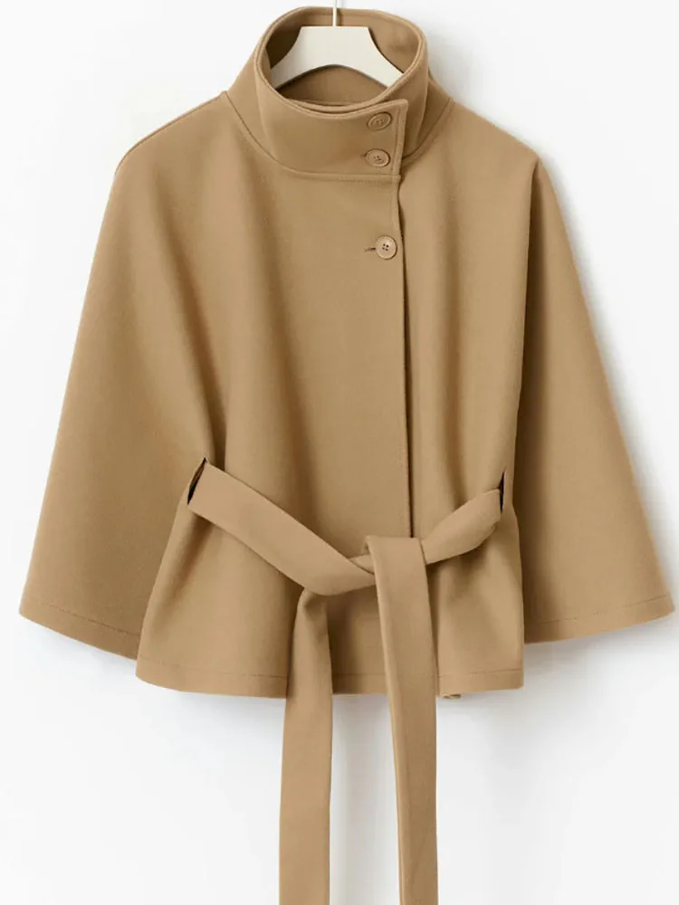 

2025 Vintage Lace Up Belt Short Jacket Fashion Women Cropped Cape Coat New Autumn Winter Outerwear Stand Collar Loose Short Coat