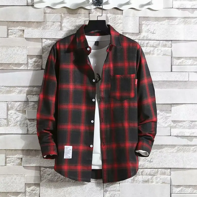 KIDWHXR Men Plaid Shirts Spring Autumn Korean Plaid Single-breasted Man T-shirts Long Sleeve Pocket Breathable Male Tops Coat