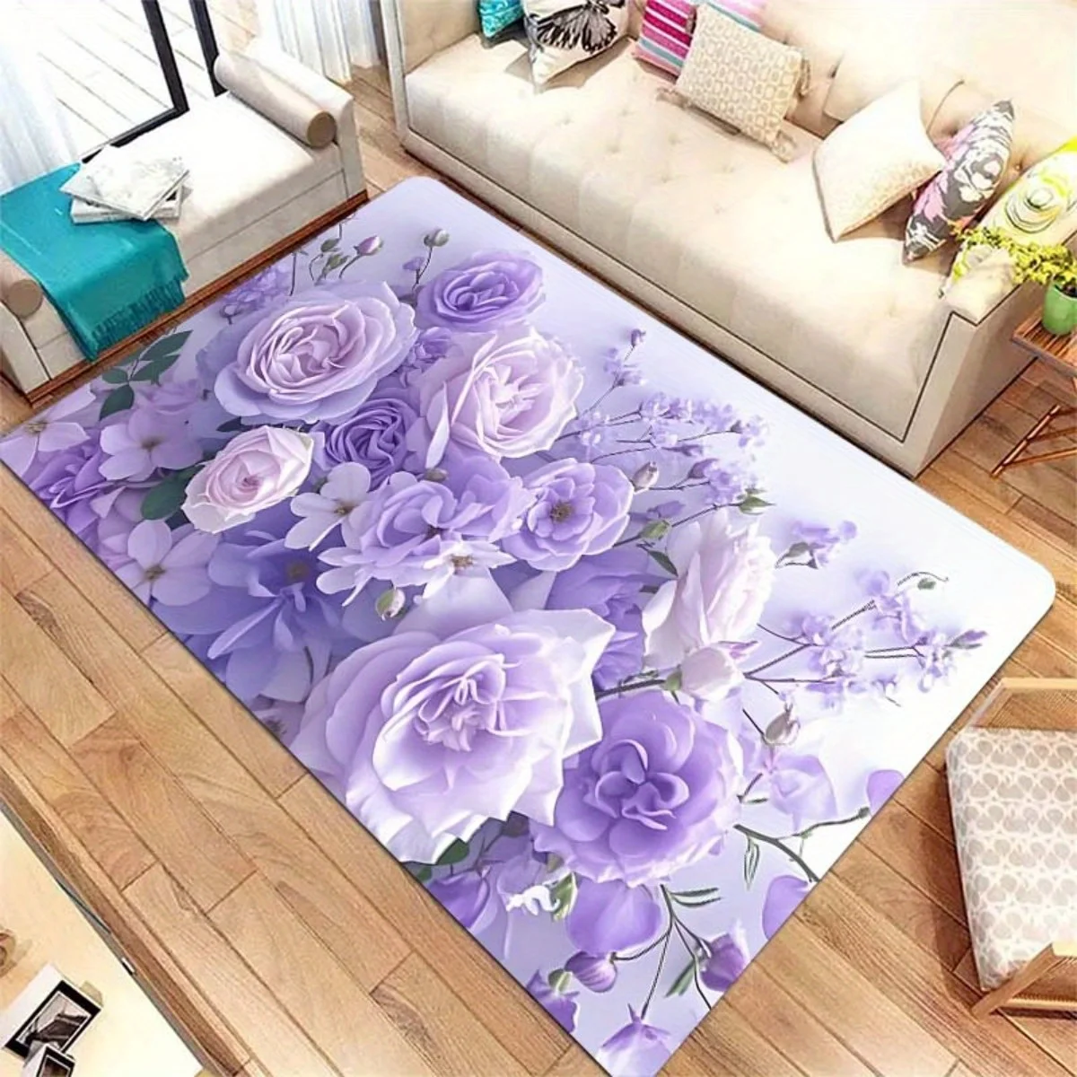 2D Flat Purple Roses Floral Bouquet Romantic Flannel Area Rug Non Slip Elegant Carpet For Living Room Bedroom Floor