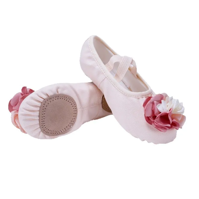 Baletki z płótna z dużą różą, miękka podeszwa, lekkie, klasyczne buty do tańca, kształt kociego pazura, baletki dla dziewcząt, baleriny.