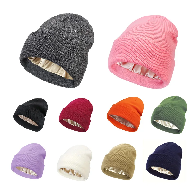 

Men Women Satin Lined Knit Beanie Hat Acrylic Silk (polyester)Lining Soft Slouchy Warm Cuffed Beanie Hat