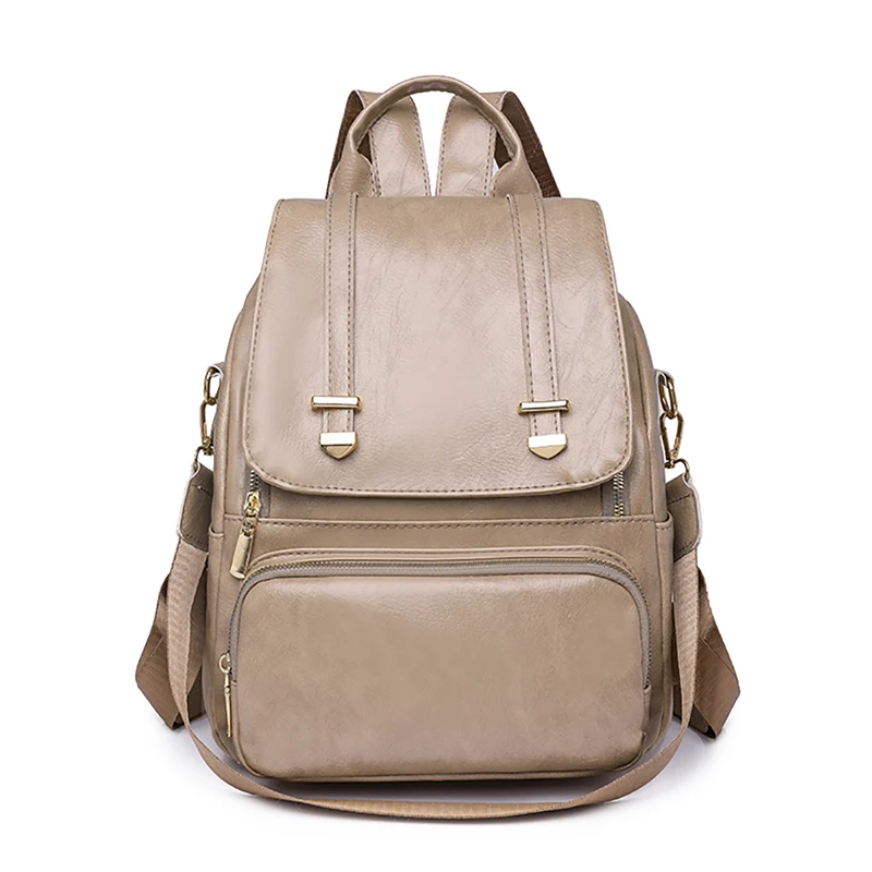 Leather Solid Color Teenage Girls Commuter Bookpack High Quality Women's Anti Theft Ruskpack Three Layer High Capacity Backpack