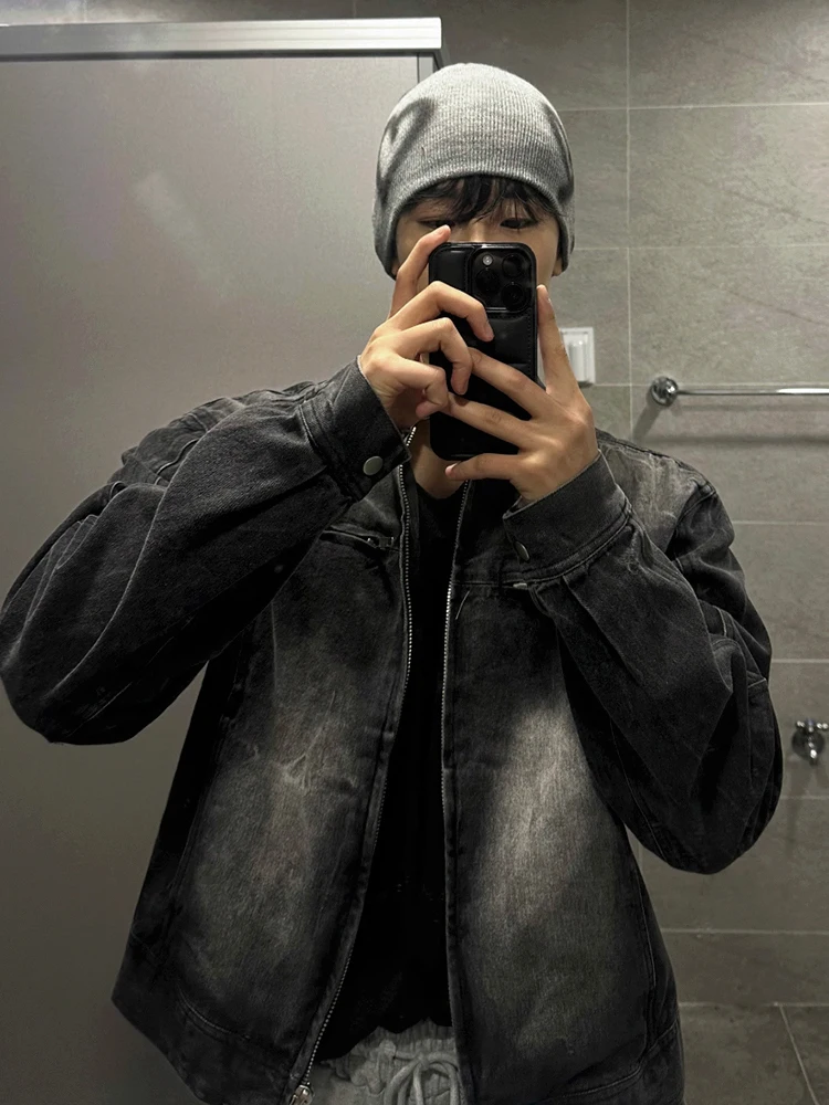 SYUHGFA High Street Men's Short Denim Coats Stand Collar Solid Color Loose Zipper Washing Male Jackets 2025 Spring Korean Style