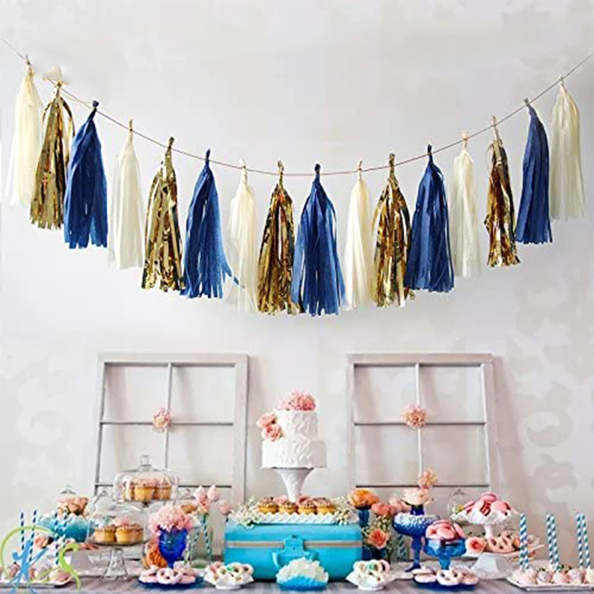 Royal Blue Gold Beige Latex Balloons Boy Birthday Party Hanging Decorations For Paper Flag Pom Pom Flower Heart Tassel Garlands