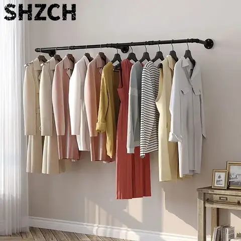 Bedroom Garment Home Rail Wall-Mounted Industrial Pipe Clothes Rack Multipurpose Hanging Shelf with Hooks Organizer