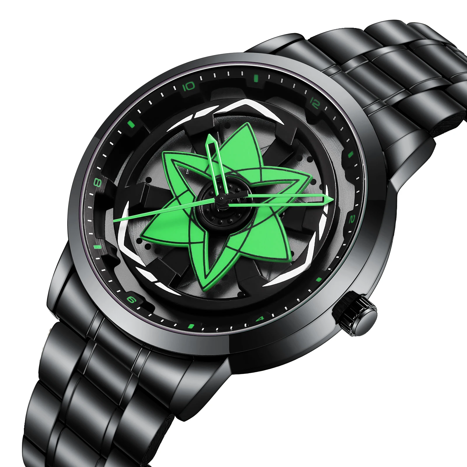 

Fashion Racing Men Watch 3D Rotating Wheel Black Red Stainless Steel 3Bar Waterproof Sports Quartz Movement Wristwatch