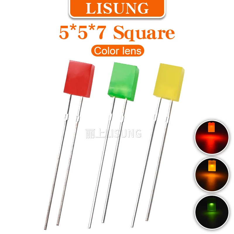 1000pcs/Bag 557 Square Led 5*5*7mm Light-emitting Diode Yellow Red Green Yellow Electronic Diffuse Color Lens Indicator Light