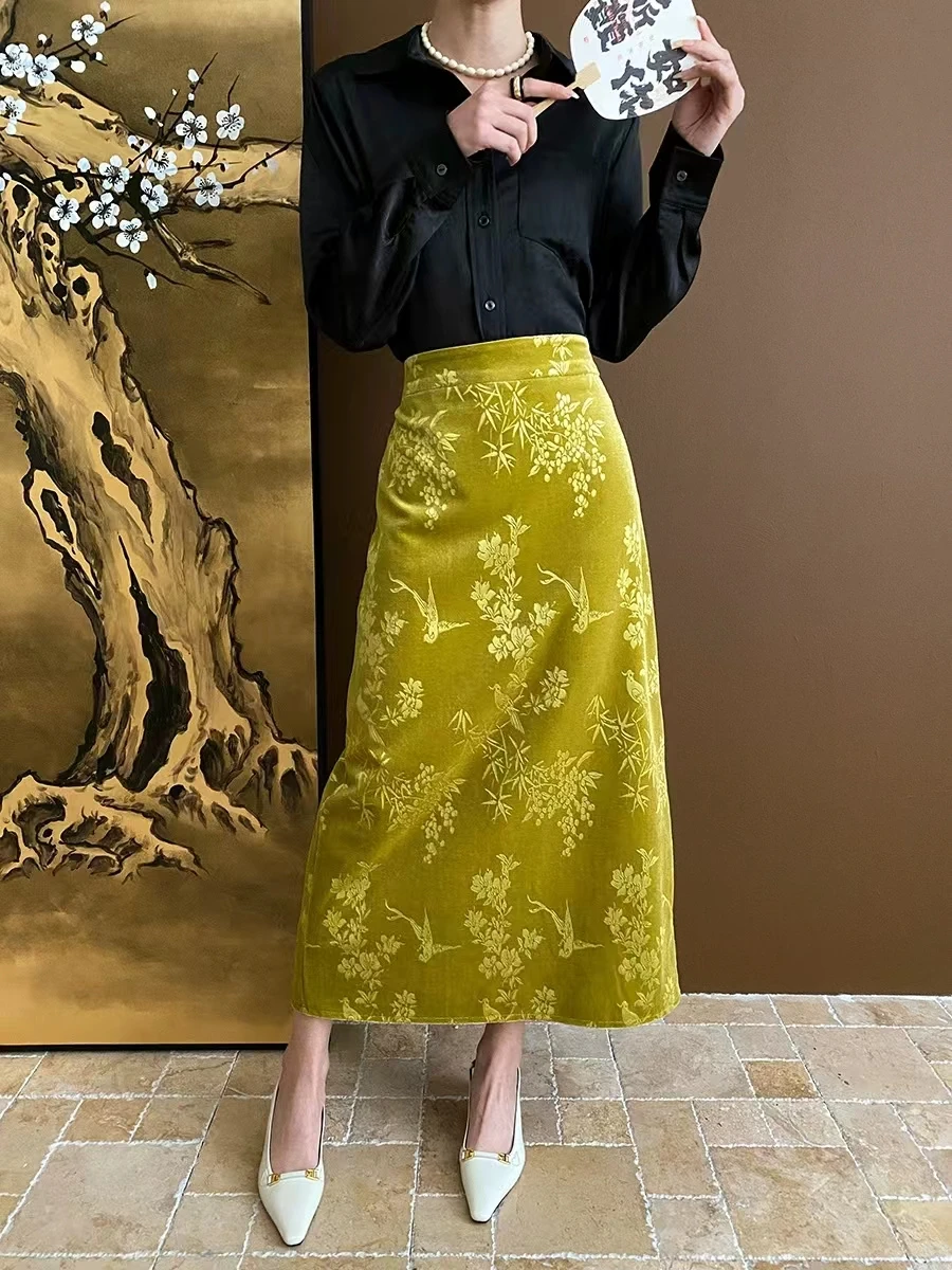 Jupe droite en velours rétro pour femme, jacquard fleur et oiseau, style chinois, début du printemps, nouveau, 2024