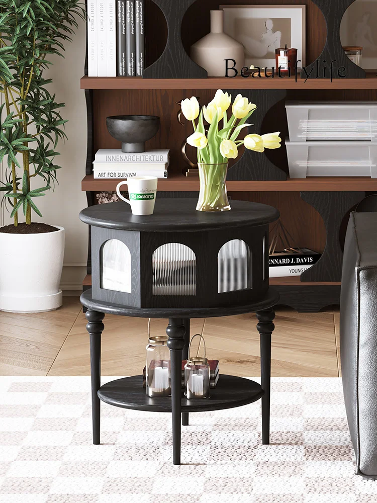 Retro Solid Wood Side Table Living Room Sofa Side Creative Small Coffee Table Antique Style Black Corner Table round Storage