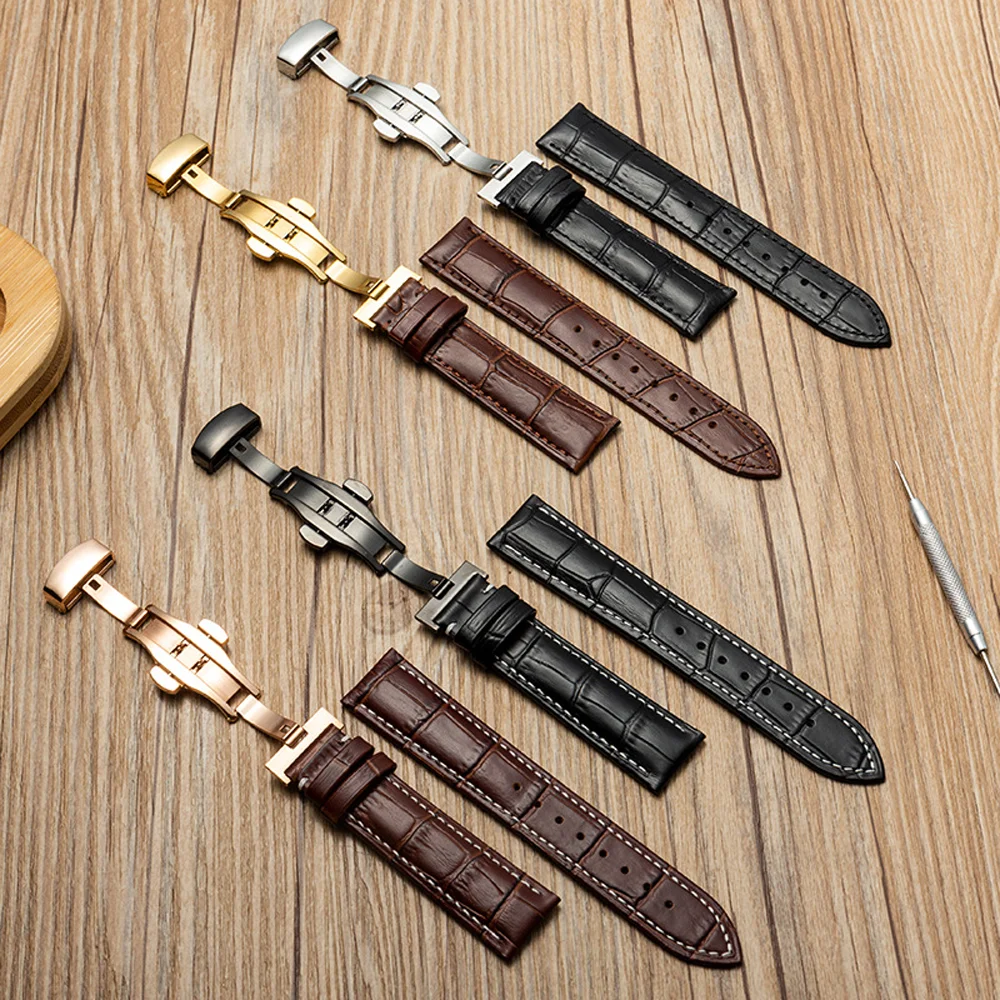 Butterfly Buckle Genuine Calfskin Leather Watch Starp Universal Replacment Watch Bands Buckle Starp in Multiple Sizes 12-24mm