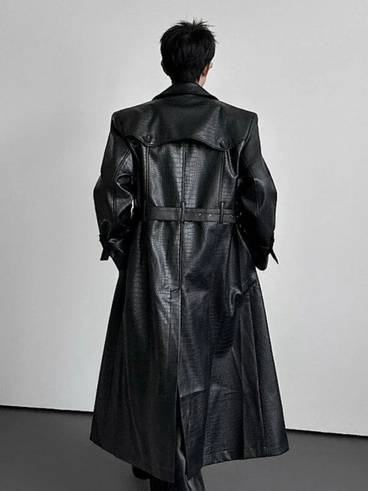 Mens Lapel Collar Belt Long Black Windbreaker Male Crocodile Patterned PU Leather Trench Coat Single Breasted Below Knee Jacket